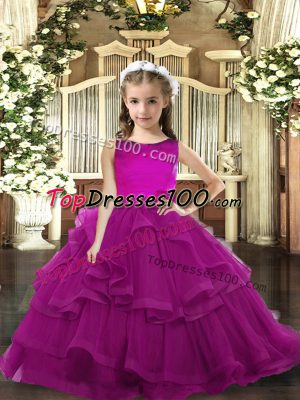 Purple Tulle Lace Up Scoop Sleeveless Floor Length Pageant Dresses Ruffled Layers