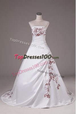 White Satin Lace Up Bridal Gown Sleeveless Brush Train Embroidery