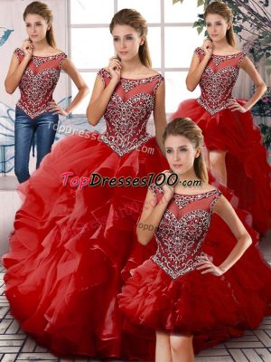 Ball Gowns Quinceanera Gown Red Scoop Organza Sleeveless Floor Length Zipper