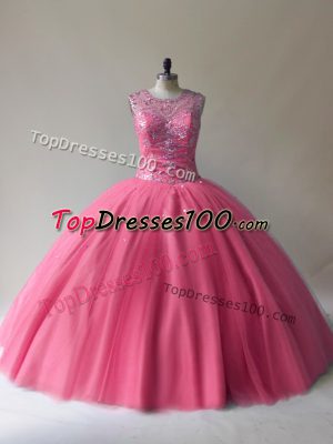 Shining Floor Length Rose Pink Quinceanera Gowns Tulle Sleeveless Beading
