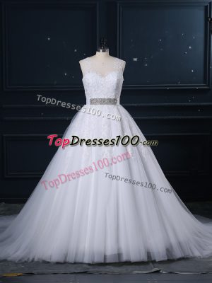 Luxury Sleeveless Brush Train Beading and Lace Zipper Wedding Dress