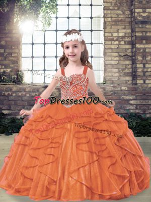 Tulle Straps Sleeveless Lace Up Beading and Ruffles Girls Pageant Dresses in Orange Red