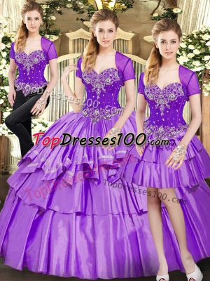 Luxury Lavender Lace Up Quinceanera Gown Beading and Ruffled Layers Sleeveless Floor Length
