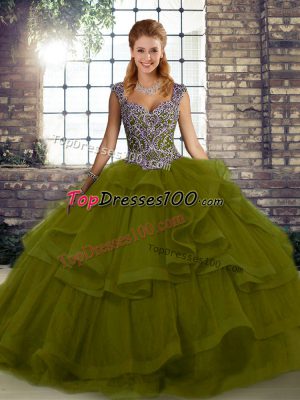 Luxurious Olive Green Sweet 16 Dress Military Ball and Sweet 16 and Quinceanera with Beading and Ruffles Straps Sleeveless Lace Up