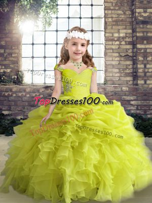 Yellow Green Kids Formal Wear Party and Wedding Party with Beading and Ruffles and Pick Ups Straps Sleeveless Lace Up