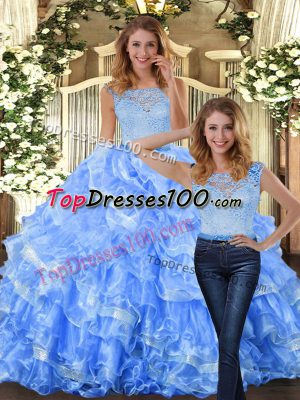 Pretty Scoop Sleeveless Quinceanera Dress Floor Length Lace and Ruffled Layers Light Blue Organza