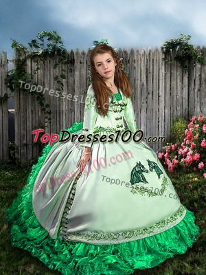 Straps Sleeveless Satin and Organza Custom Made Pageant Dress Embroidery and Ruffles Sweep Train Lace Up