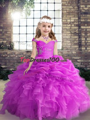 Custom Design Fuchsia Organza Lace Up Little Girls Pageant Gowns Sleeveless Floor Length Beading and Ruffles and Pick Ups