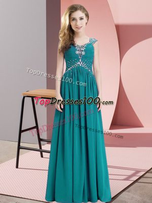 Teal Chiffon Lace Up Straps Cap Sleeves Floor Length Prom Dress Beading