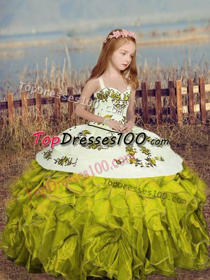 Olive Green Organza Lace Up Straps Sleeveless Floor Length Kids Formal Wear Embroidery and Ruffles
