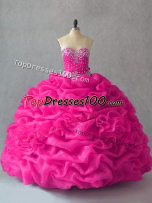 Sleeveless Floor Length Beading and Pick Ups and Hand Made Flower Lace Up Sweet 16 Dress with Fuchsia