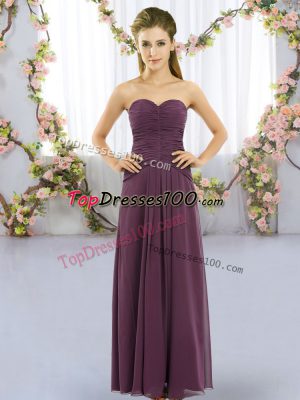 Amazing Floor Length Lace Up Dama Dress for Quinceanera Dark Purple for Wedding Party with Ruching