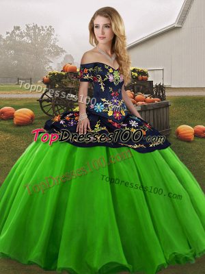 Green Ball Gowns Off The Shoulder Sleeveless Tulle Floor Length Lace Up Embroidery 15 Quinceanera Dress