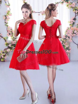 Perfect Mini Length Lace Up Bridesmaids Dress Red for Wedding Party with Lace