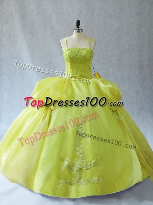 Glittering Yellow Green Sleeveless Appliques Floor Length Ball Gown Prom Dress