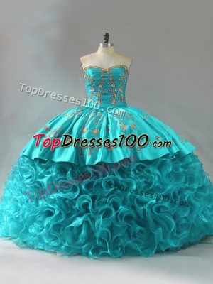 Aqua Blue Sleeveless Embroidery and Ruffles Lace Up 15 Quinceanera Dress