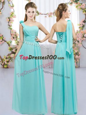 Custom Made Chiffon One Shoulder Sleeveless Lace Up Hand Made Flower Quinceanera Court of Honor Dress in Aqua Blue