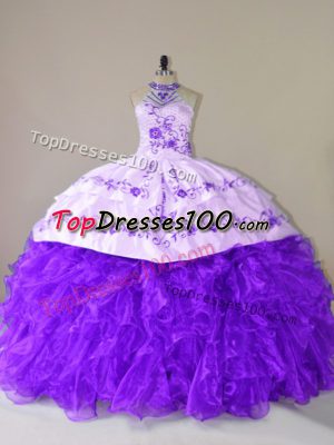 Sleeveless Embroidery and Ruffles Lace Up Sweet 16 Dress with Purple Court Train