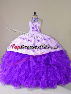 Sleeveless Embroidery and Ruffles Lace Up Sweet 16 Dress with Purple Court Train