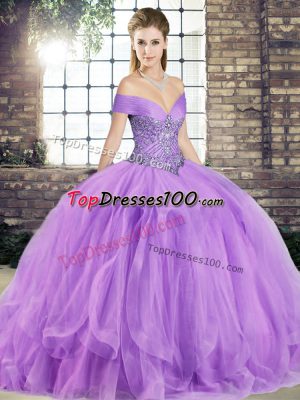 New Arrival Lavender Lace Up Sweet 16 Dress Beading and Ruffles Sleeveless Floor Length