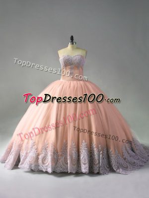 Edgy Ball Gowns Sleeveless Peach 15 Quinceanera Dress Court Train Lace Up