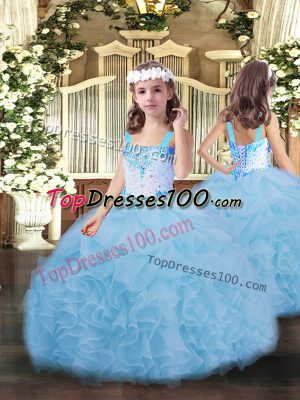 Custom Designed Sleeveless Organza Floor Length Lace Up Kids Pageant Dress in Blue with Beading and Ruffles and Pick Ups
