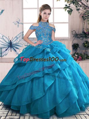 Blue High-neck Neckline Beading and Ruffled Layers Quinceanera Dress Sleeveless Lace Up