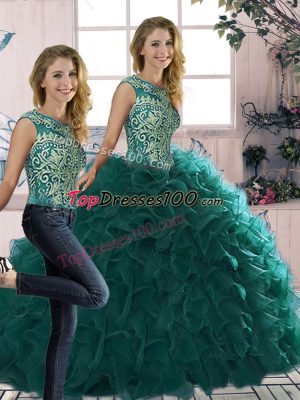 Floor Length Two Pieces Sleeveless Peacock Green Sweet 16 Dress Lace Up