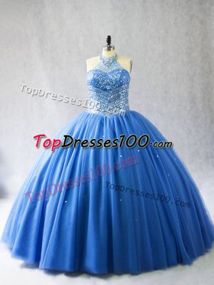 Smart Halter Top Sleeveless Tulle Quinceanera Gowns Beading Brush Train Lace Up