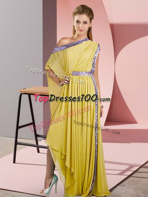 Discount Yellow Side Zipper One Shoulder Sequins Dress for Prom Chiffon Sleeveless