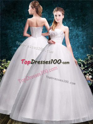 White Sleeveless Floor Length Appliques Lace Up Wedding Gown