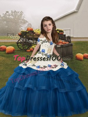 Blue Lace Up Straps Embroidery and Ruffled Layers Pageant Dresses Tulle Sleeveless