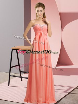 Dramatic Watermelon Red Empire Halter Top Sleeveless Chiffon Floor Length Lace Up Beading Prom Gown