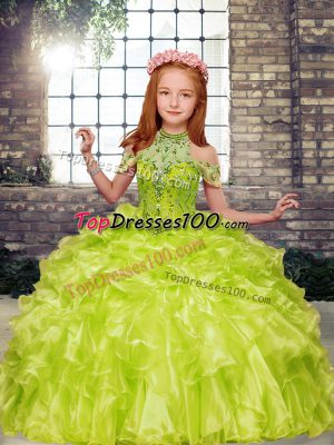 Beautiful Yellow Green High-neck Lace Up Beading and Ruffles Little Girls Pageant Dress Wholesale Sleeveless