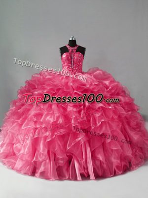 Top Selling Hot Pink Halter Top Zipper Beading and Ruffles Quinceanera Gown Sleeveless