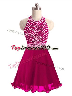 Flare Hot Pink Chiffon Lace Up Halter Top Sleeveless Mini Length Casual Dresses Beading