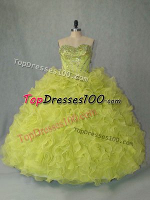 Brush Train Ball Gowns 15th Birthday Dress Yellow Green Sweetheart Organza Sleeveless Lace Up