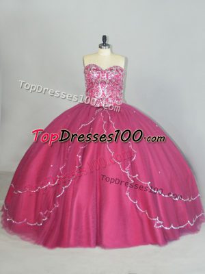 Red Sleeveless Brush Train Beading and Sequins Quince Ball Gowns