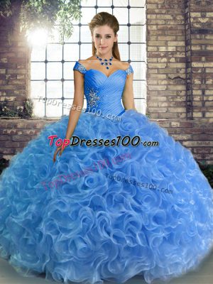 Designer Floor Length Baby Blue Quinceanera Gowns Fabric With Rolling Flowers Sleeveless Beading