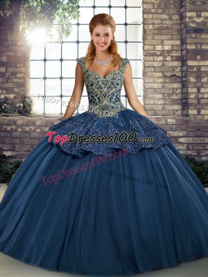 Unique Navy Blue Ball Gowns Beading and Appliques Quinceanera Gown Lace Up Tulle Sleeveless Floor Length