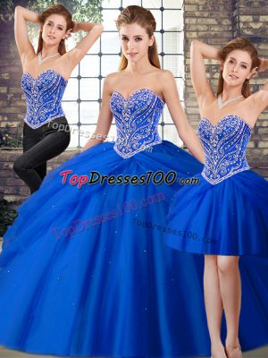 Smart Royal Blue Three Pieces Sweetheart Sleeveless Tulle Brush Train Lace Up Beading and Pick Ups Sweet 16 Dress