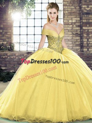 Enchanting Gold Ball Gowns Off The Shoulder Sleeveless Organza Brush Train Lace Up Beading Quinceanera Dress