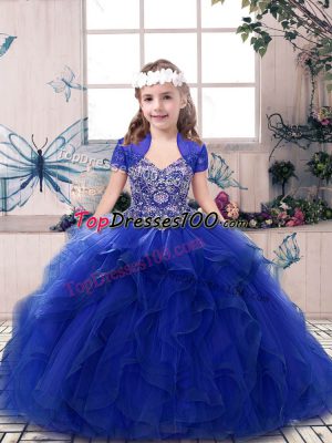 Floor Length Royal Blue Kids Pageant Dress Straps Sleeveless Lace Up