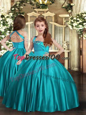 Hot Sale Teal Satin Lace Up Straps Sleeveless Floor Length Evening Gowns Ruching