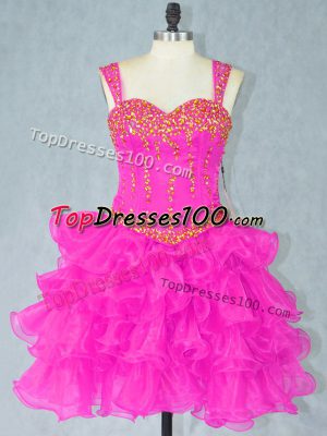 Mini Length Lace Up Dress for Prom Fuchsia for Prom and Party with Beading and Ruffled Layers