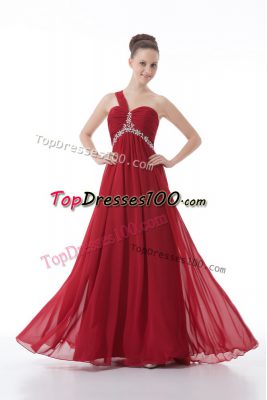 Sleeveless Chiffon Floor Length Backless Dress for Prom in Red with Beading and Ruching