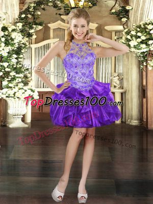 Unique Halter Top Sleeveless Dress for Prom Mini Length Beading and Ruffles Purple Organza