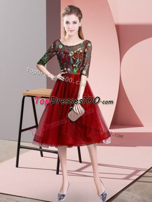 Knee Length Wine Red Wedding Guest Dresses Tulle Half Sleeves Embroidery
