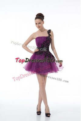 Extravagant Eggplant Purple Prom Dress Prom and Party and Military Ball with Beading and Lace and Appliques One Shoulder Sleeveless Zipper