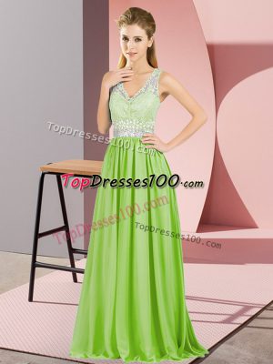 Wonderful Yellow Green Chiffon Zipper Evening Dress Sleeveless Floor Length Beading and Lace and Appliques